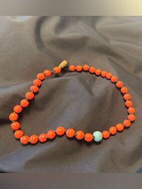 Handcrafted Red Bead Necklace with Turquoise Accent